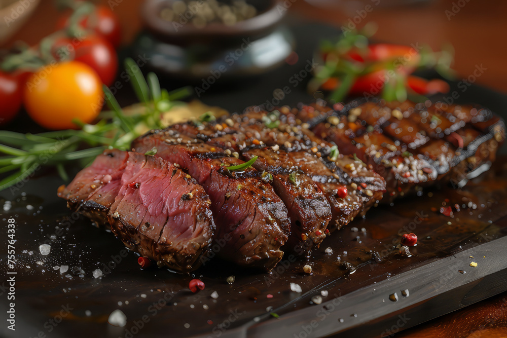 Perfectly cooked medium rare steak, sliced and served on a wooden board with fresh herbs and a balsamic glaze..