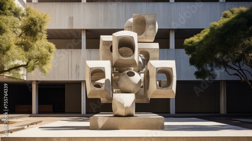 A modern sculpture integrated seamlessly with brutalist surroundings