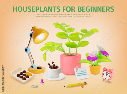 3d Houseplant for Beginners Concept Banner Poster Card Cartoon Style. Vector illustration of Education Training or Study Course