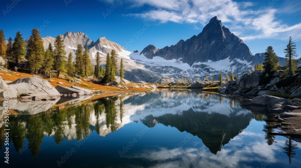 A pristine alpine lake reflecting towering mountains