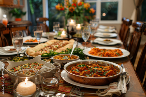A lavish spread of traditional Indian dishes on a wooden table, featuring curries, rice, and bread, perfect for a communal meal..