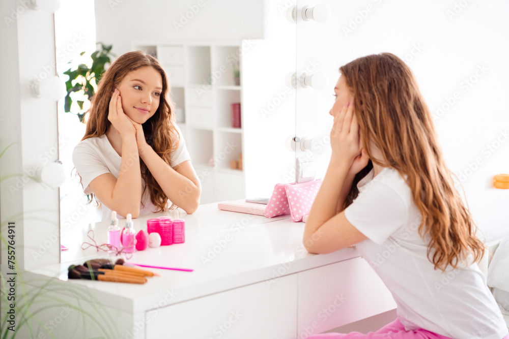 Photo of peaceful cute female person sit chair hand touch cheek look mirror reflection modern bedroom house inside Photo of peaceful cute female person sit chair hand touch cheek look mirror reflection modern bedroom house inside