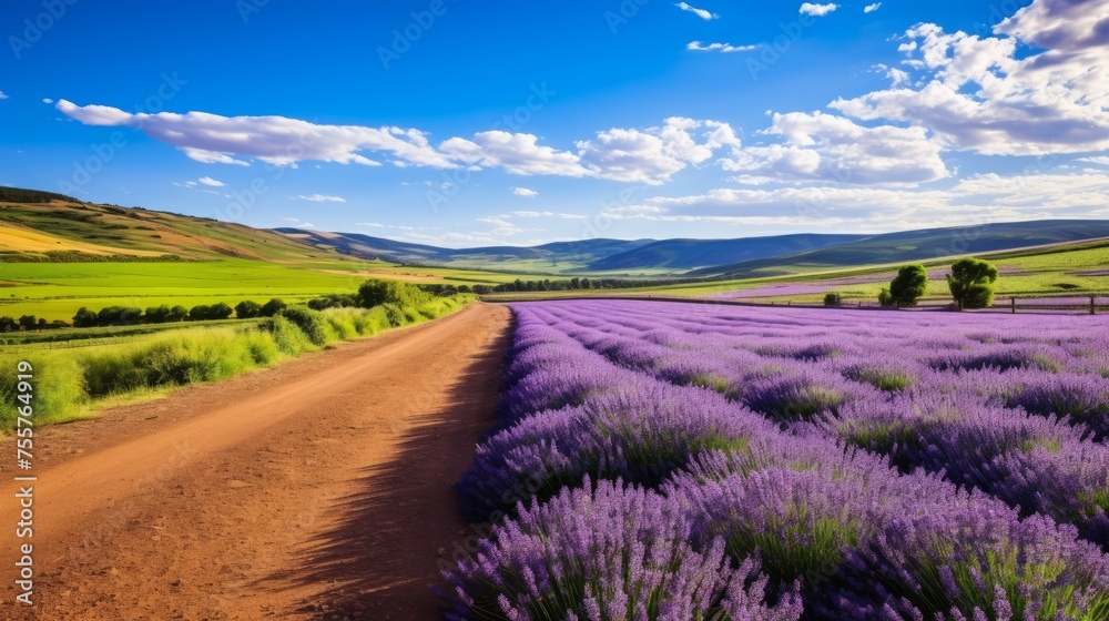 Obraz premium A road surrounded by fields of vibrant lavender