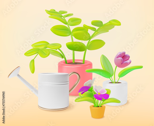 3d Indoor Gardening Big Sale Concept Background Cartoon Style. Vector illustration of Watering Can and Home Plants