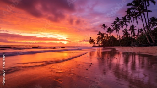 A serene beach with a radiant sunrise