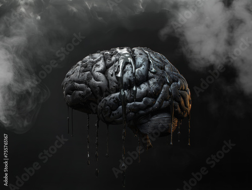 A human brain made into a black stone with black oil drips on black background