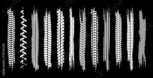 Vector Offroad Tire Prints Car Racing Patterns. Grunge, Dirty Tread Marks For Depicting Rally, Motocross, Off-road Race