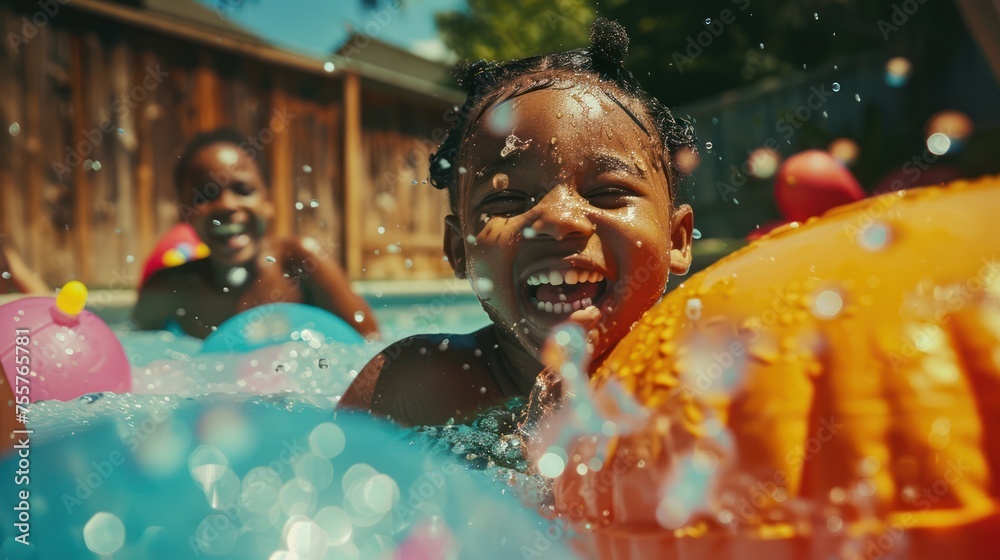 A close-up portrait capturing the pure joy of a family playing with water toys in the pool, 