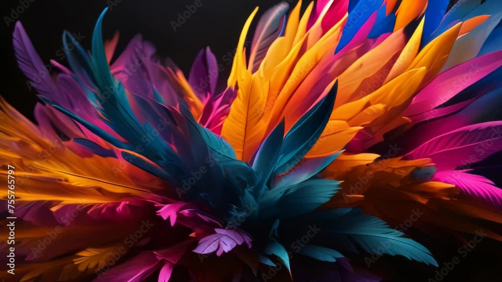 Video animation of urst of colorful, feather-like structures radiating outward. The vibrant colors range creating a visually striking effect Video animation of urst of colorful, feather-like structures radiating outward. The vibrant colors range creating a visually striking effect