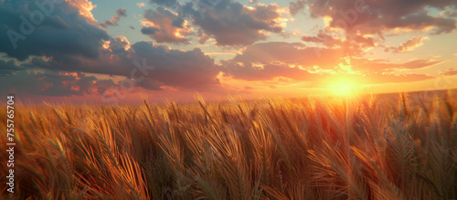 A picturesque backdrop of ripening yellow wheat ears against the backdrop of a sunset with orange clouds © Vladyslav