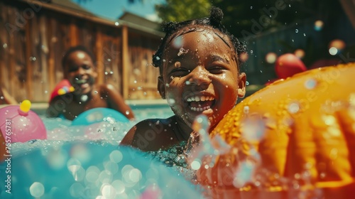 A close-up portrait capturing the pure joy of a family playing with water toys in the pool, 