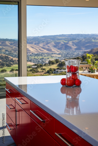 Luxurious kitchen showcasing red cabinets, white countertop with reflection of ripe tomatoes in clear jug, scenic hills view