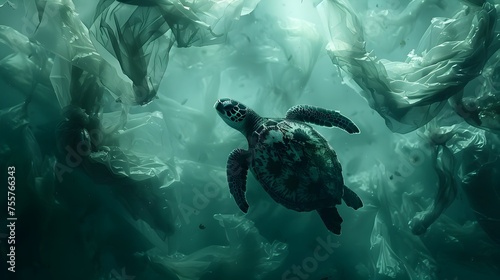 Turtle Navigating Plastic-Filled Ocean Highlighting Urgency for Wildlife Conservation and Environmental Responsibility