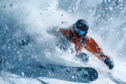 Adrenaline-Fueled Snowboarder Carving Down Powder-Filled Mountain Slope