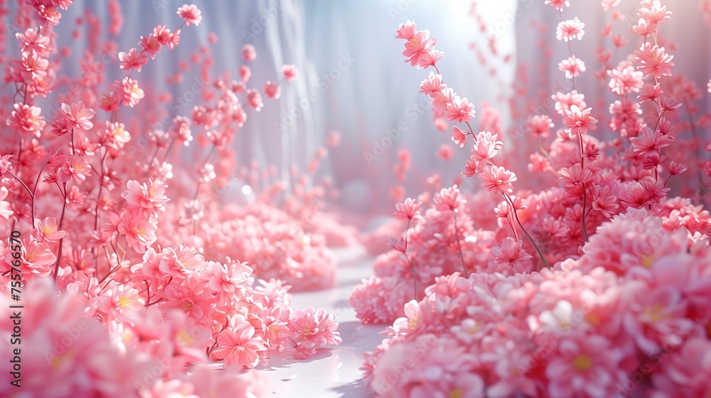 fantasy pink flowers in the style of dreamy landscapes, romantic scenery, light white and silver, soft mist, sunrays shine through the petals.