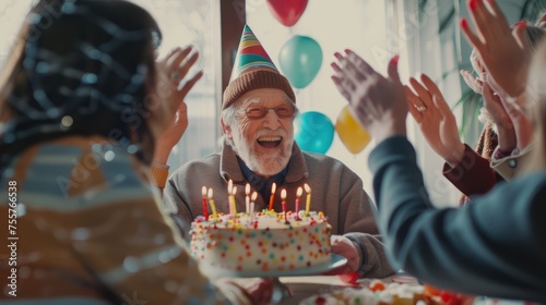 A happy elderly person in a birthday hat, there's a birthday cake with a lot of birthday candles.