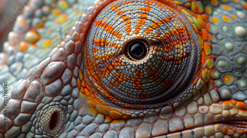 An extreme close-up of a chameleon's face showcases its intricate eye and the vibrant, detailed texture of its skin.