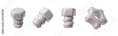 Bolts and hex nut, gear 3d vector set, metal repair tools, construction render icon, realistic white cogwheel screw-bolt