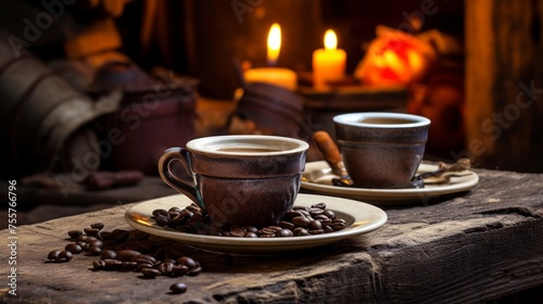 Aromatic coffee served in a rustic setting, invoking a sense of comfort