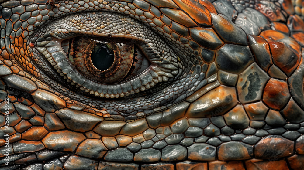 
A macro shot of an iguana's face emphasizes the striking detail and texture of its scales, showcasing its piercing eye and the varied hues of its skin.