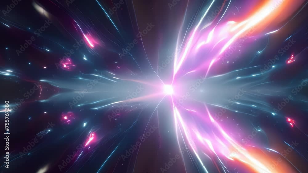 Video animation of dynamic and vibrant explosion of light, emanating radiant beams in various colors against a dark backdrop. It gives an impression of energy