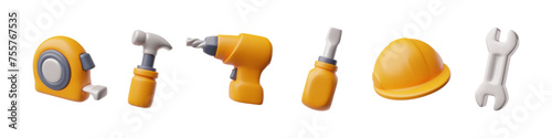 Repair tools 3D icon set, construction worker equipment, vector render orange screwdriver, wrench, helmet, hammer wrench