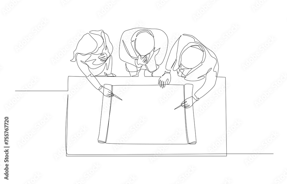 Continuous one line drawing of business people discussing about blueprint paper on table from top view, business discussion, project planning concept, single line art.