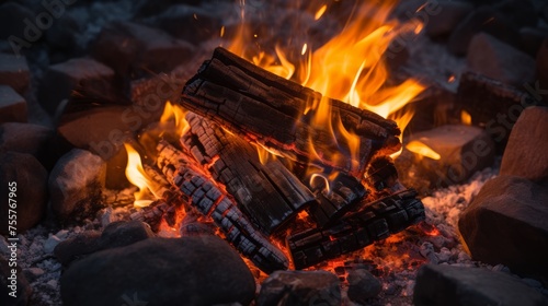 Glowing embers in a bonfire