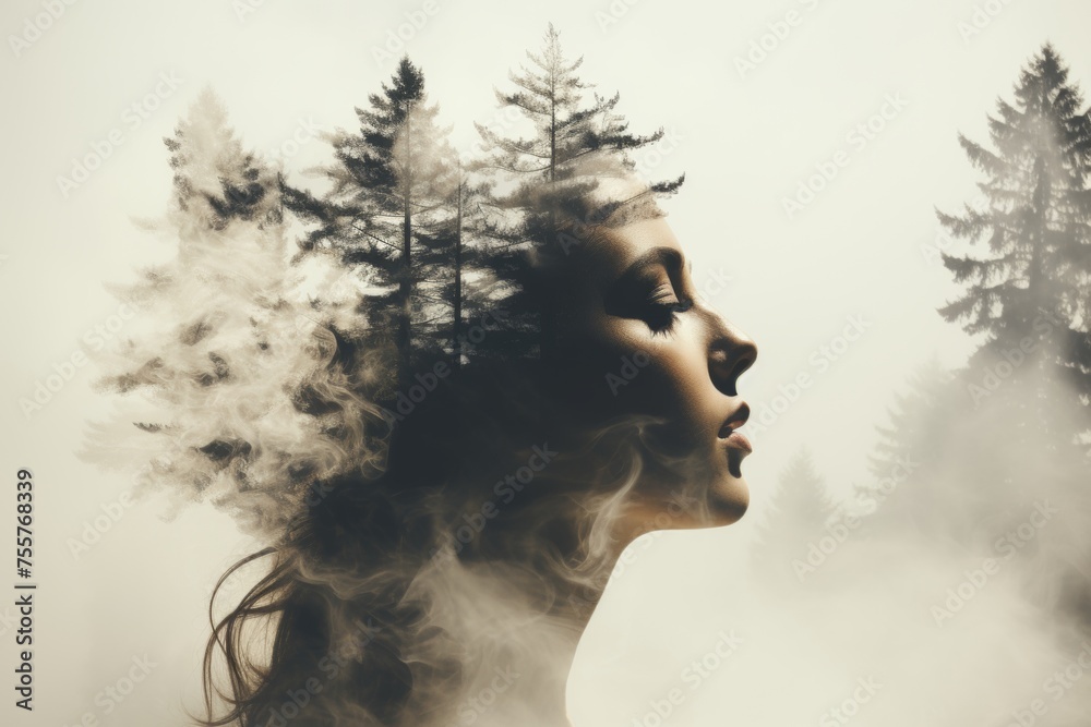 Fototapeta premium Double exposure portrait of woman with forest background, creative composition for art projects