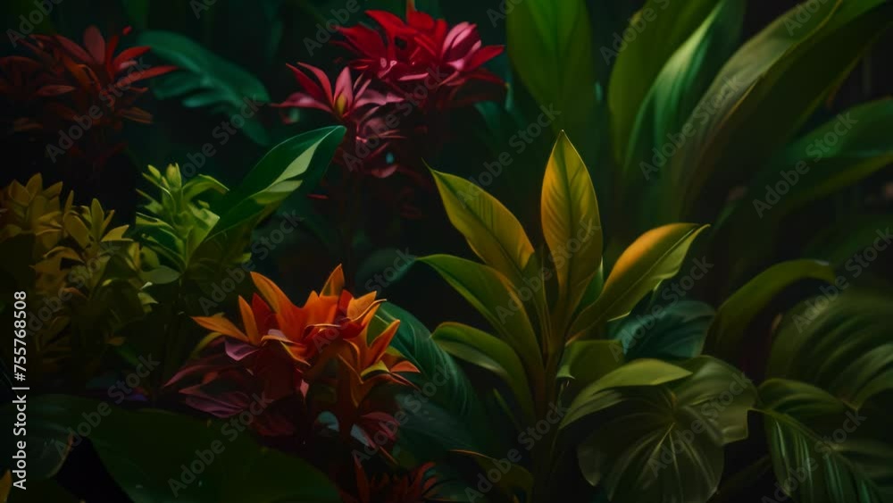 Video animation of lush and mysterious tropical scene. Dark foliage forms a dense backdrop, while vibrant flowers in shades of red and orange stand out against the greenery Video animation of lush and mysterious tropical scene. Dark foliage forms a dense backdrop, while vibrant flowers in shades of red and orange stand out against the greenery