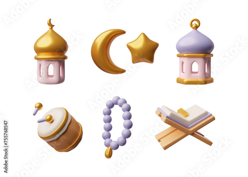 3D lanterns, golden crescent moon with star, rosary, Koran book and drum, Islamic Ramadan religion symbols vector set