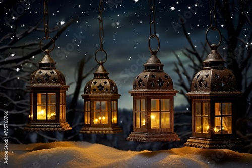 Rustic lanterns and christmas festive cheer under the night sky © Cloudyew