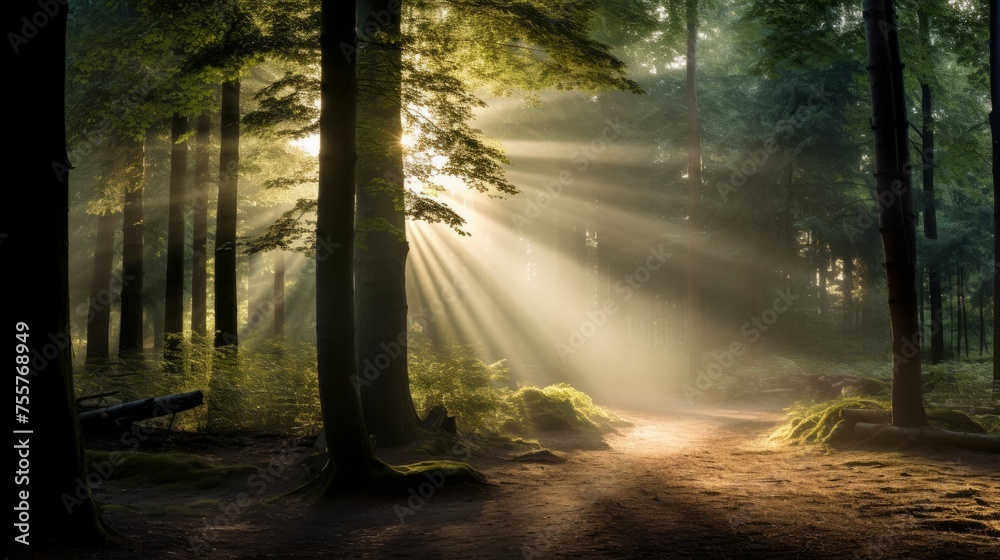 Sunbeams streaming through a forest mist