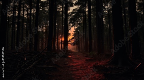 Dark and moody forest at sunset
