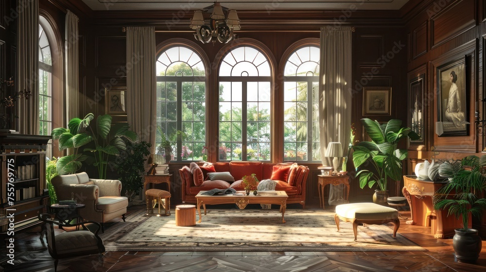 Vibrant Art Deco Living Room A Geometric 3D Rendering of Modern Home Decor