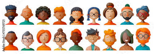 3d portraits of adult happy people on a transparent background. Set of cartoon diverse man and woman characters for workers, users or customers avatar