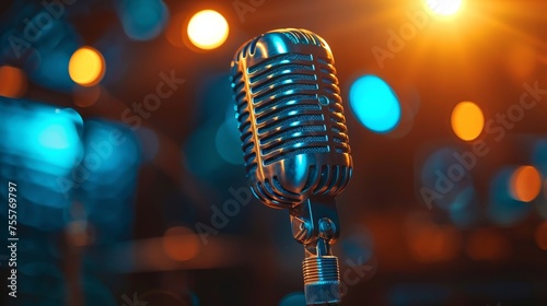 Studio Microphone Illuminated By Spotlights Against