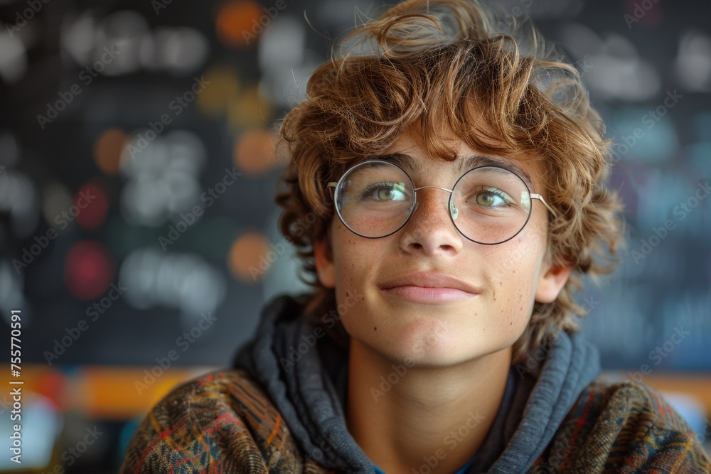 Portrait of a cheerful, curious schoolboy in a suit with glasses, posing in a classroom. Portrait of a cheerful, curious schoolboy in a suit with glasses, posing in a classroom.