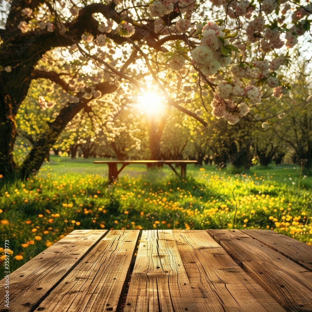 Spring Table With Trees In Bloom And Defocused Sunny Garden In Background Spring Table With Trees In Bloom And Defocused Sunny Garden In Background