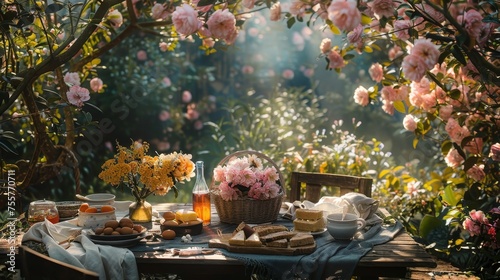 An idyllic outdoor breakfast spread on a wooden table amidst blooming flowers in a sunlit garden, exuding a peaceful morning atmosphere.