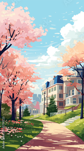 Spring city sunny morning, blossom trees. Vector illustration.