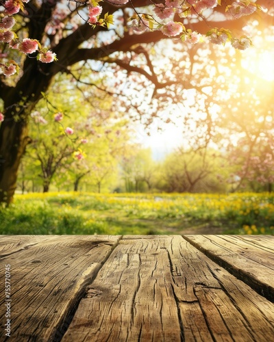 Spring Table With Trees In Bloom And Defocused Sunny Garden In Background