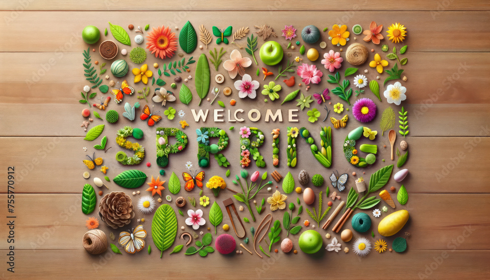 An artistic flat lay spelling 'Welcome Spring' with natural elements and Easter decorations on a wood background
