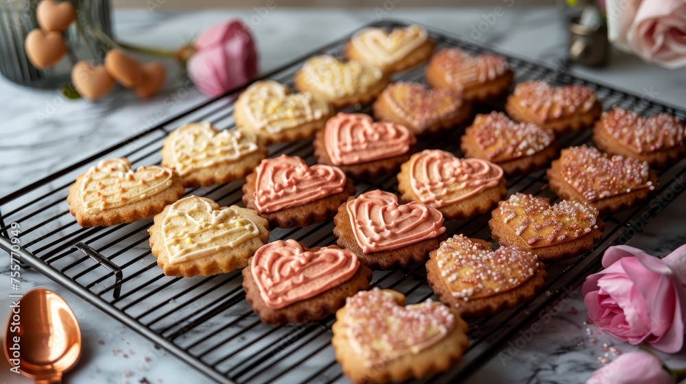 An assortment of freshly baked heart-shaped cookies with decorative frosting and sprinkles, presented on a cooling rack.