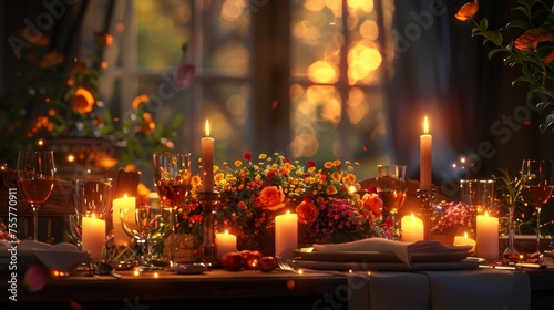 A beautifully arranged festive table lit by candles  adorned with fresh flowers  ready for an enchanting evening celebration.