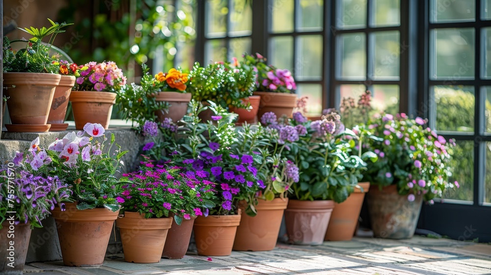 A picturesque display of colorful flowers growing in terracotta pots, arranged on a sun-drenched patio beside large windows.