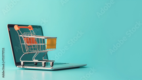 Illustration of shopping cart and laptop, soft blue background, online stores concept, Online shopping e-commerce and customer experience concept: cashiers with shopping cart on a laptop keyboard. 