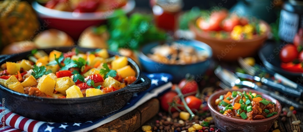 Rustic Home-style Meal Served on a Rural Table adorned with an American Flag Motif - A Tribute to Paul Cezannes Vibrant Style