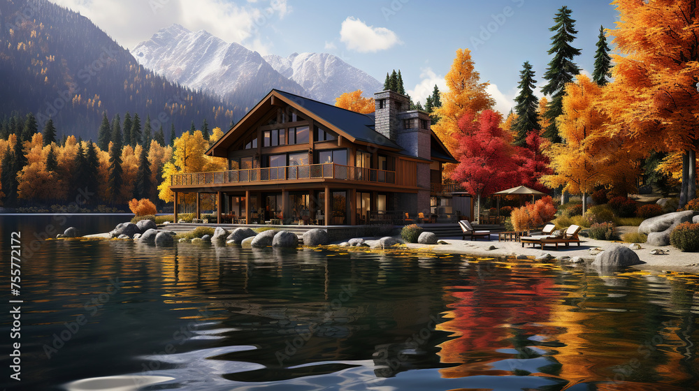  House near a lake. Atmospheric, calm, peaceful wooden house in nature. Generative AI