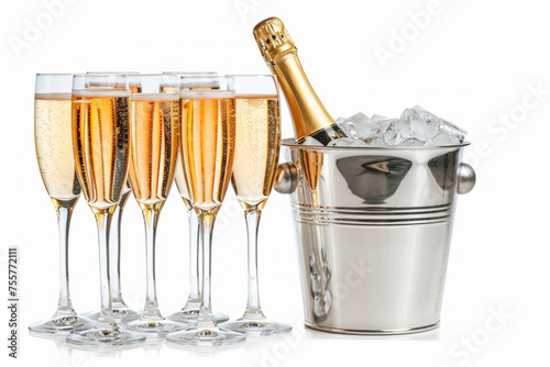 A few champagne glasses, ice bucket with champagne bottle isolated on white. Celebration mockup with copy space.